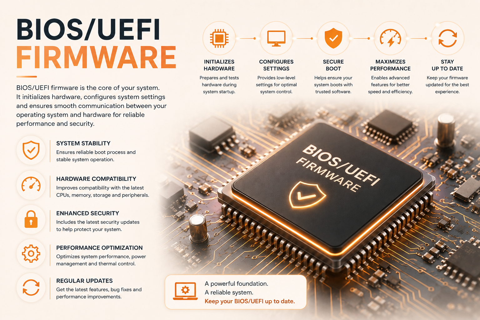 How BIOS/UEFI firmware works: initialises hardware, configures settings, secure boot and performance