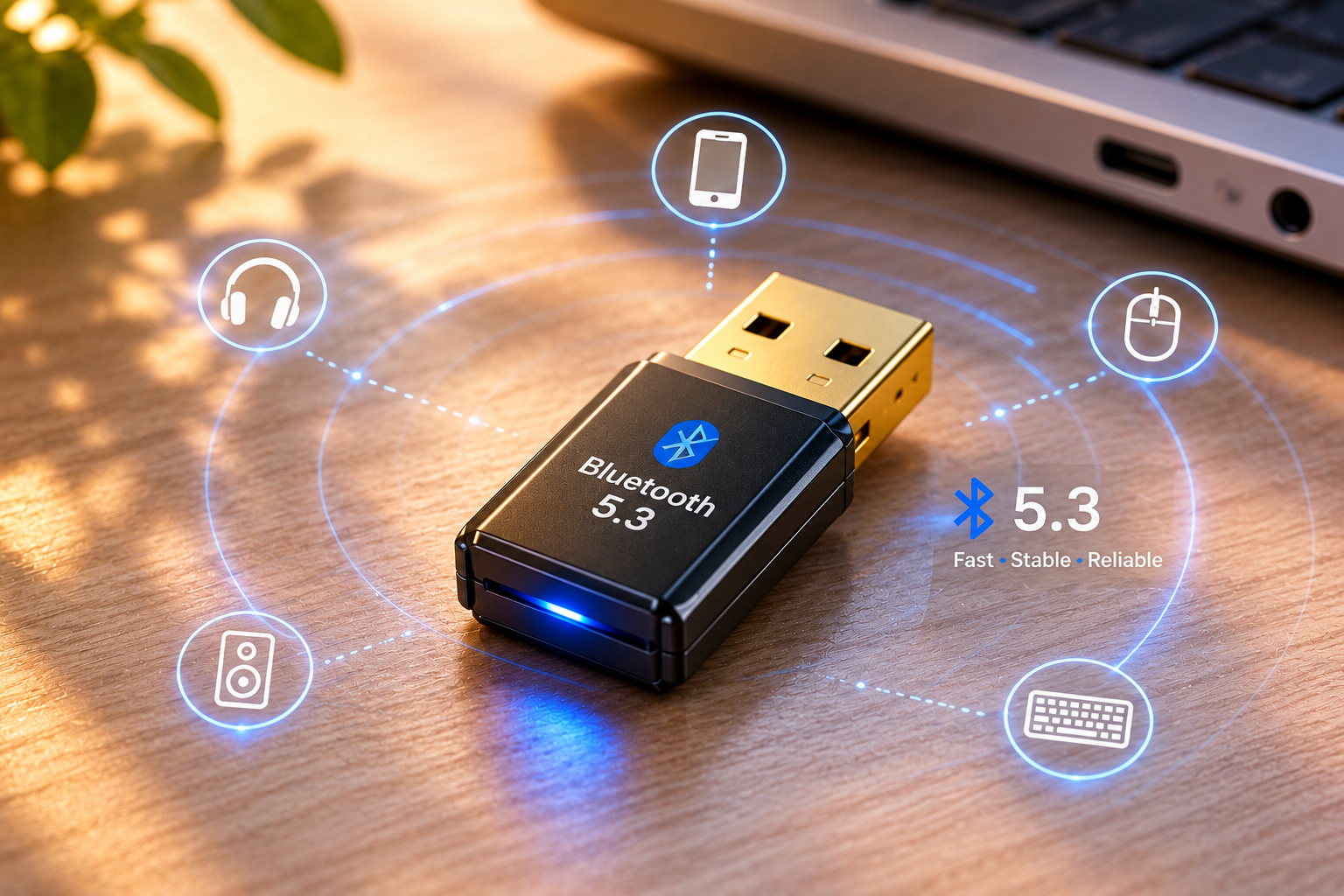 Bluetooth 5.3 USB adapter connecting wirelessly to headphones, phones, mice and keyboards