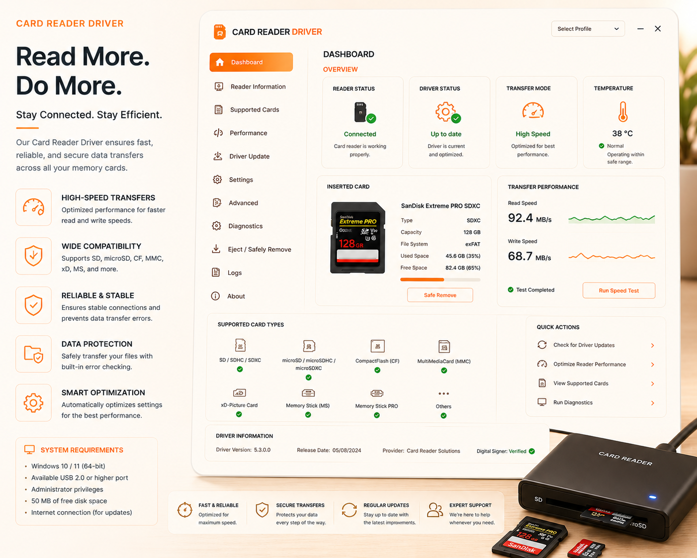 Card Reader driver dashboard showing reader status, inserted card and transfer performance