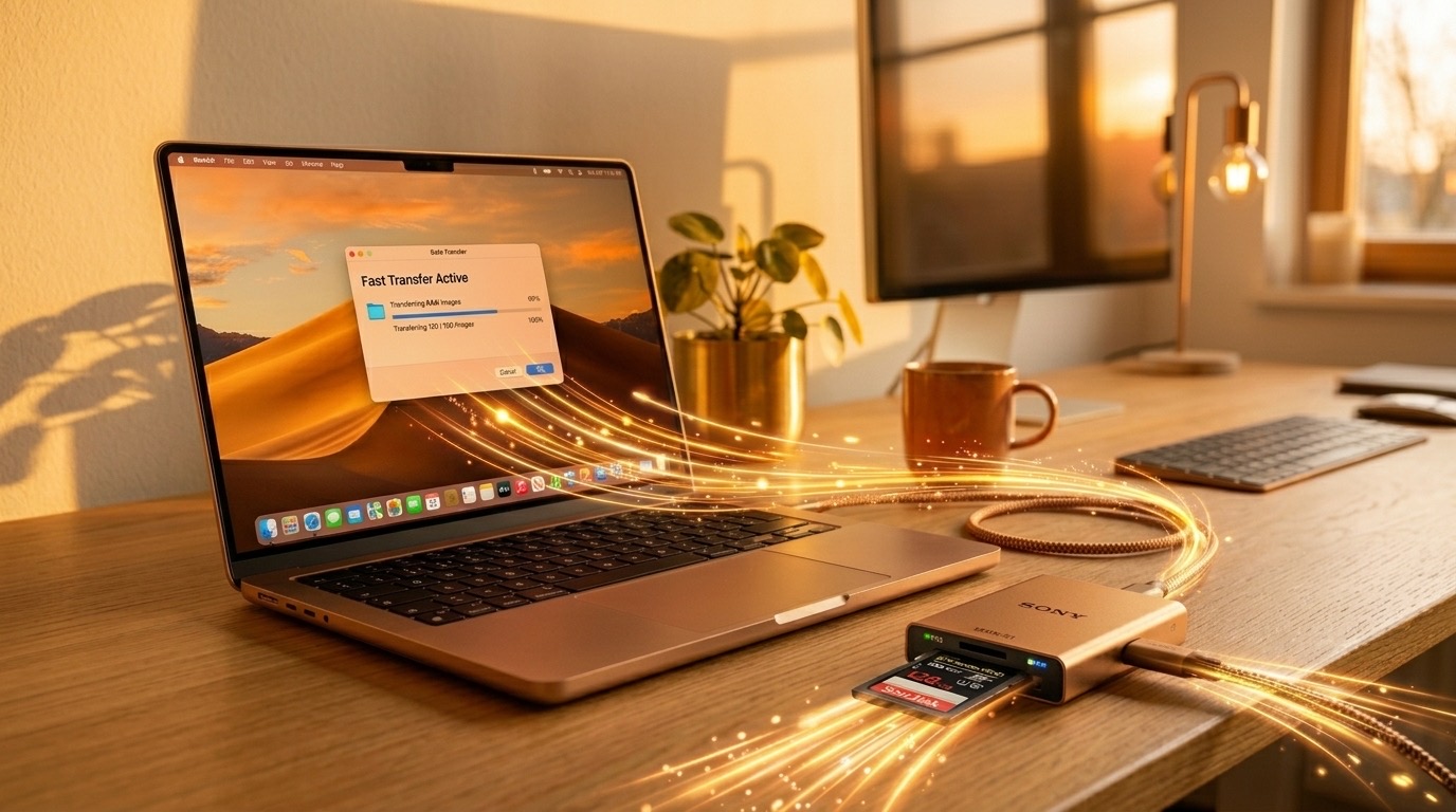 Card reader connected to a laptop performing a fast, active file transfer