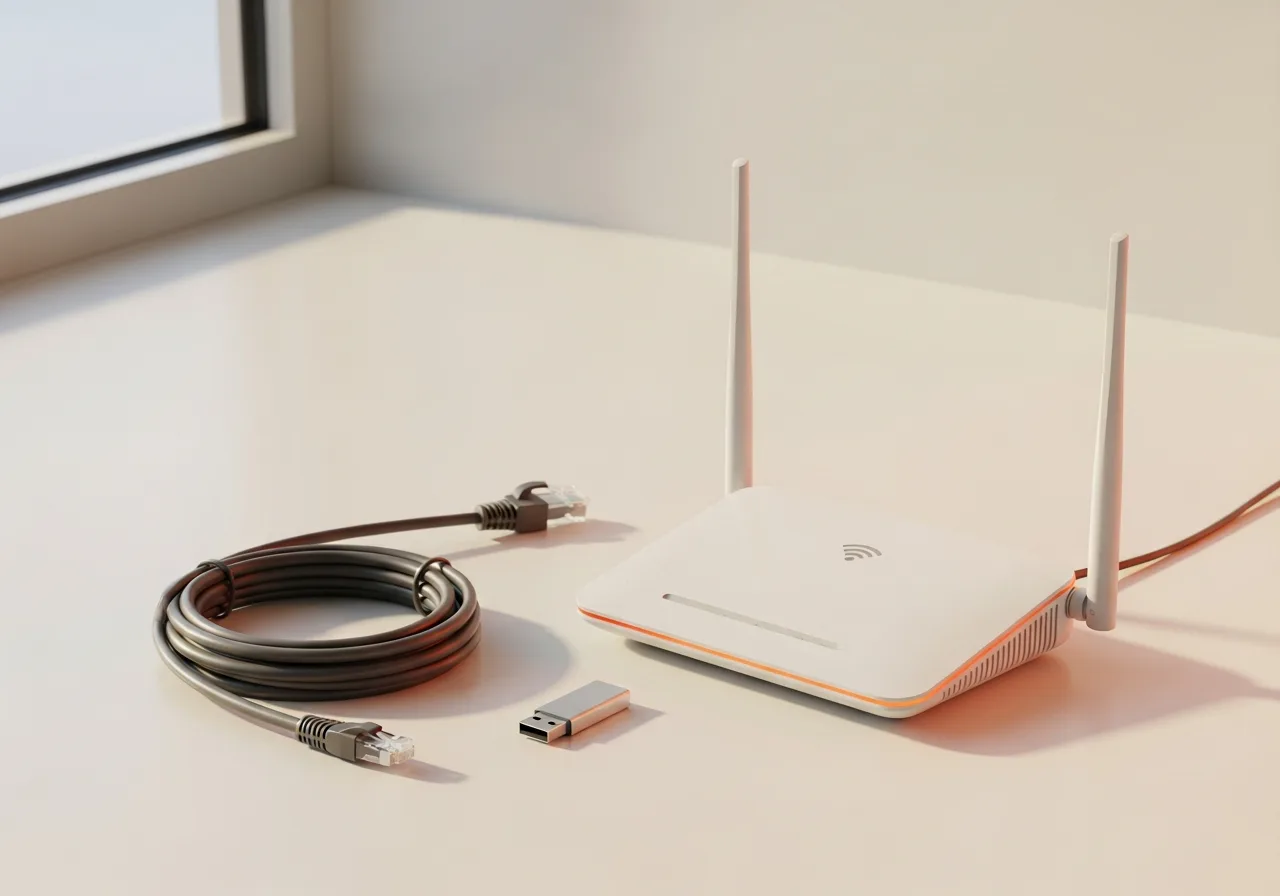 Networking and connectivity hardware — wifi router, ethernet cable and USB
