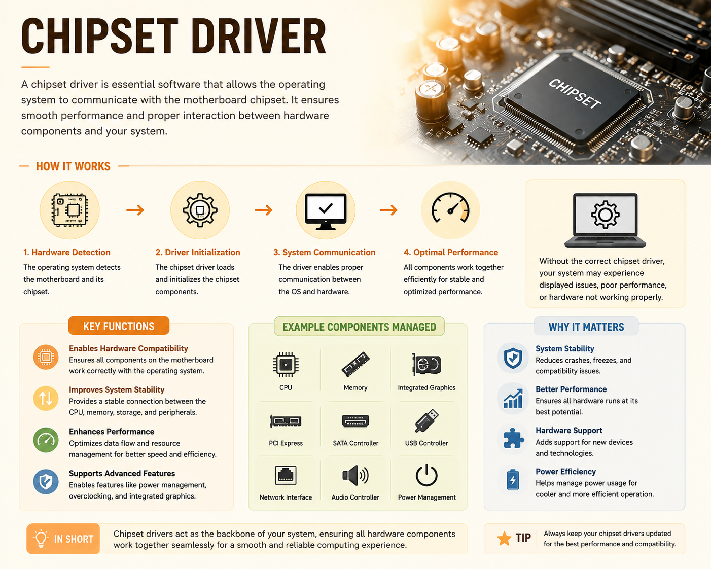 How a chipset driver works: hardware detection, initialisation, system communication and optimal performance