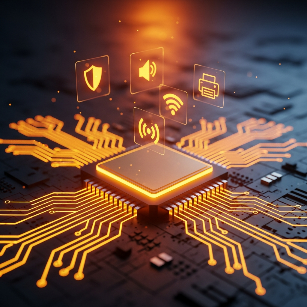A central PC chip distributing signals to graphics, audio, network, storage and security drivers