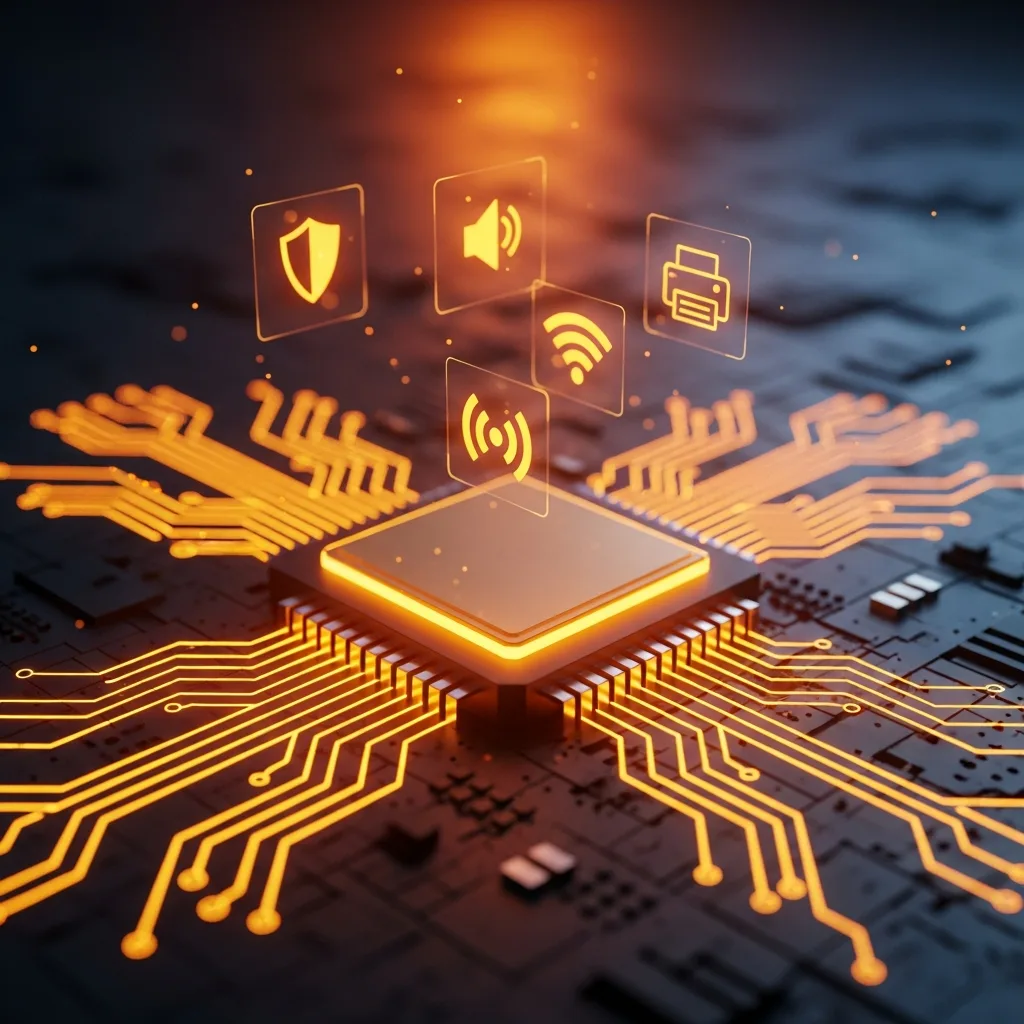 A central PC chip distributing signals to graphics, audio, network, storage and security drivers