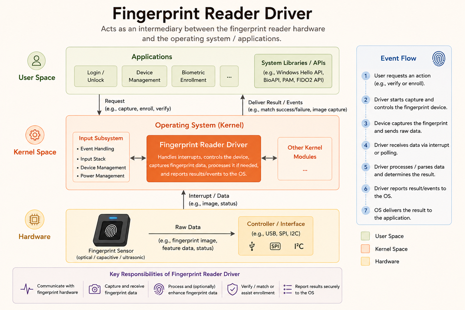Diagram of how a fingerprint reader driver sits between hardware, the OS and applications