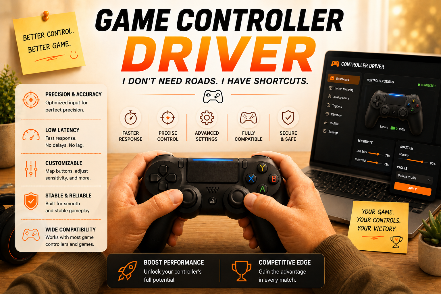 Game Controller driver in action with a connected controller dashboard for button mapping, sensitivity and vibration