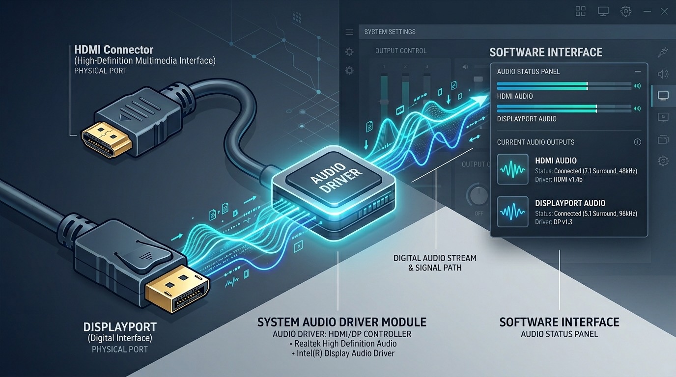 HDMI/Display Audio driver software interface showing HDMI and DisplayPort audio status and outputs