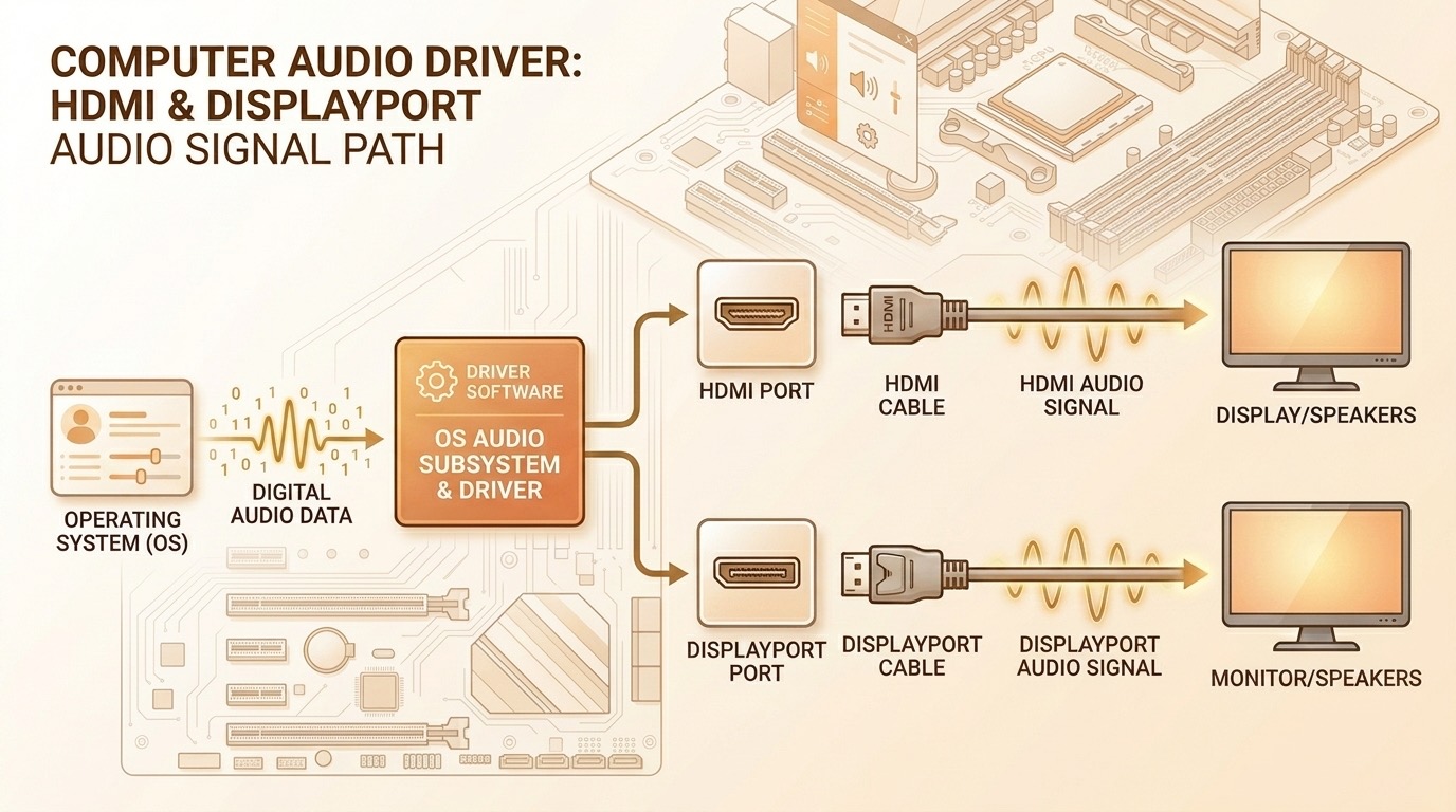 HDMI and DisplayPort audio signal path from the OS audio subsystem to displays and speakers