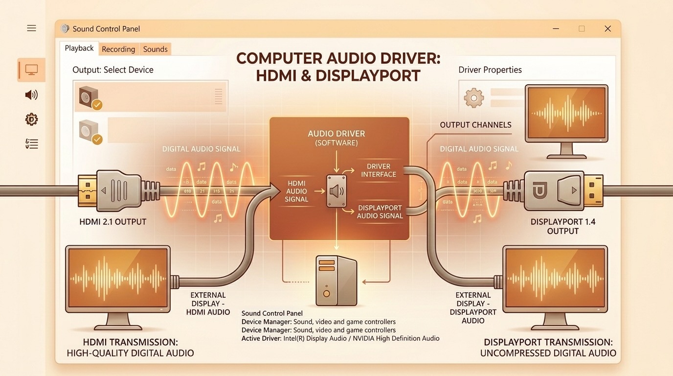 Computer audio driver routing HDMI and DisplayPort digital audio signals to external displays