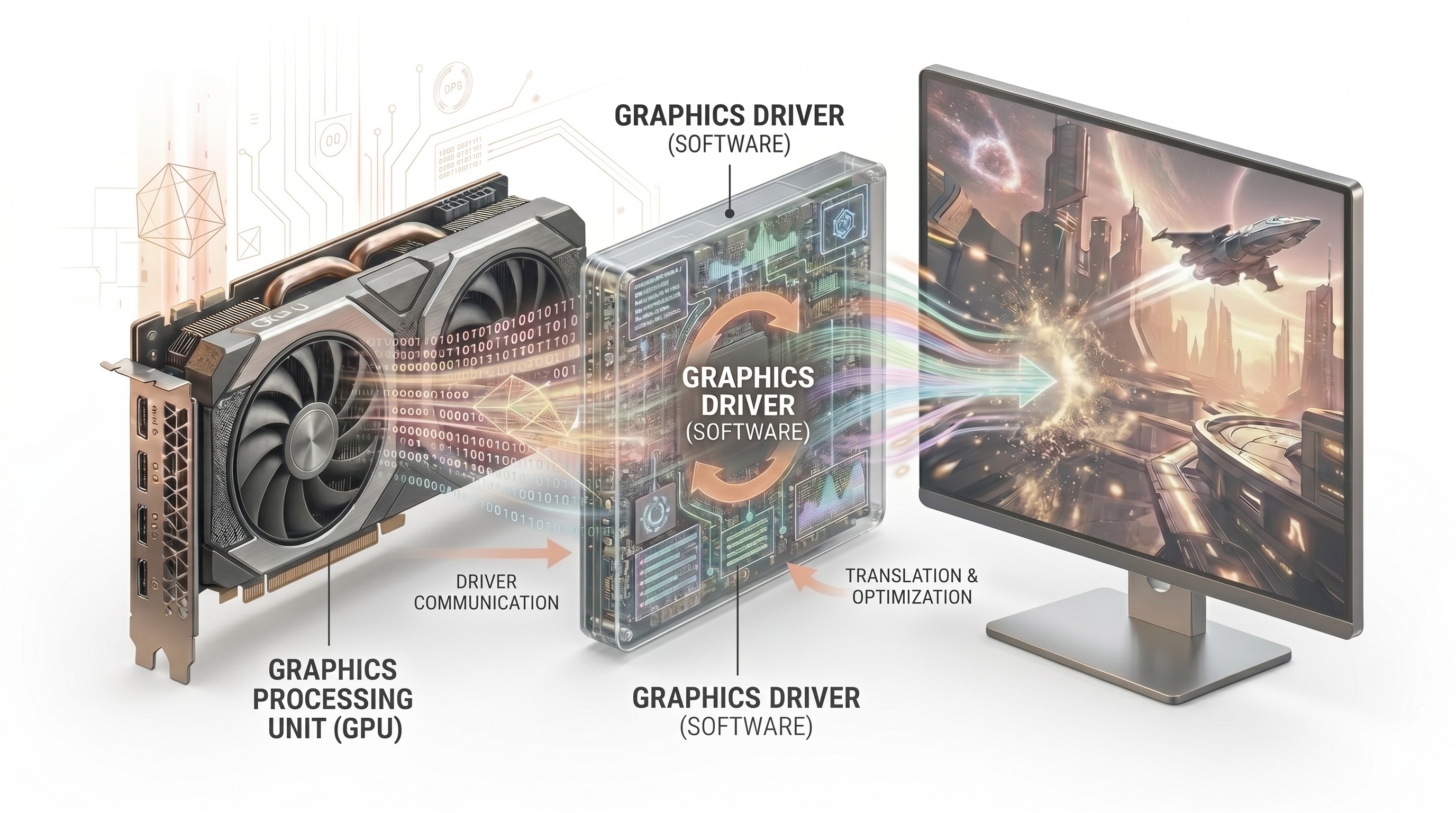 Diagram showing driver communication, translation and optimisation from GPU to display
