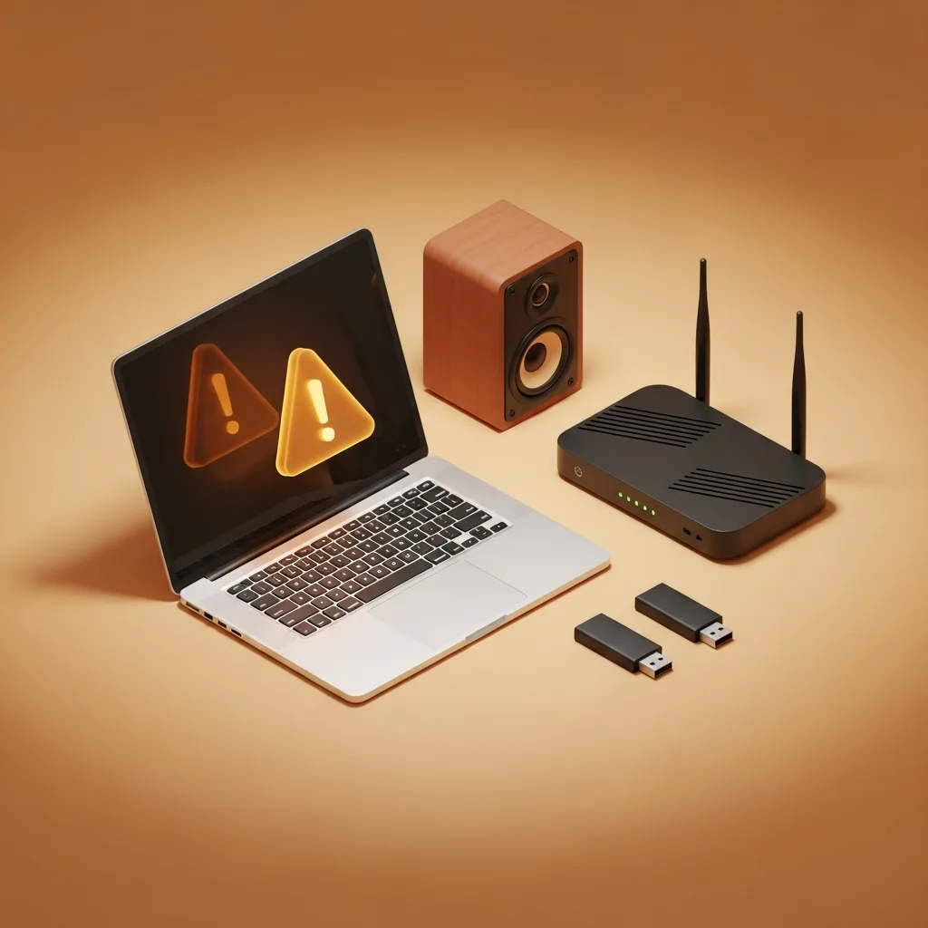 Common PC hardware that needs attention — laptop, router, speaker and USB