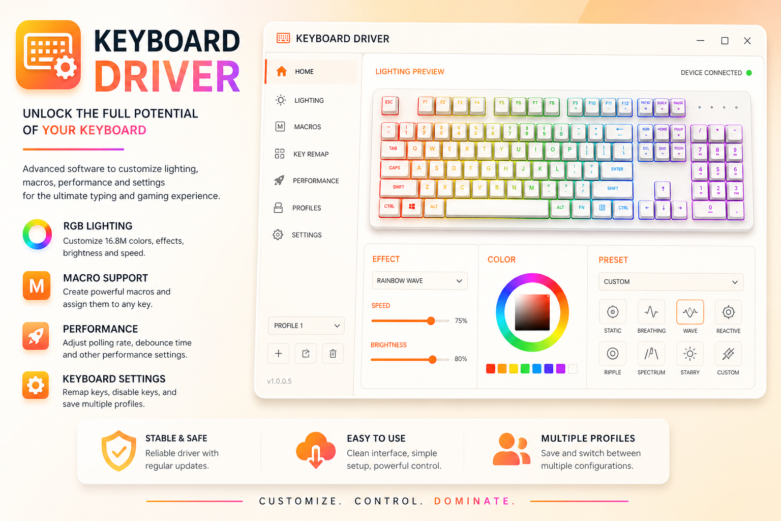 Keyboard driver dashboard for customising RGB lighting, macros and performance settings