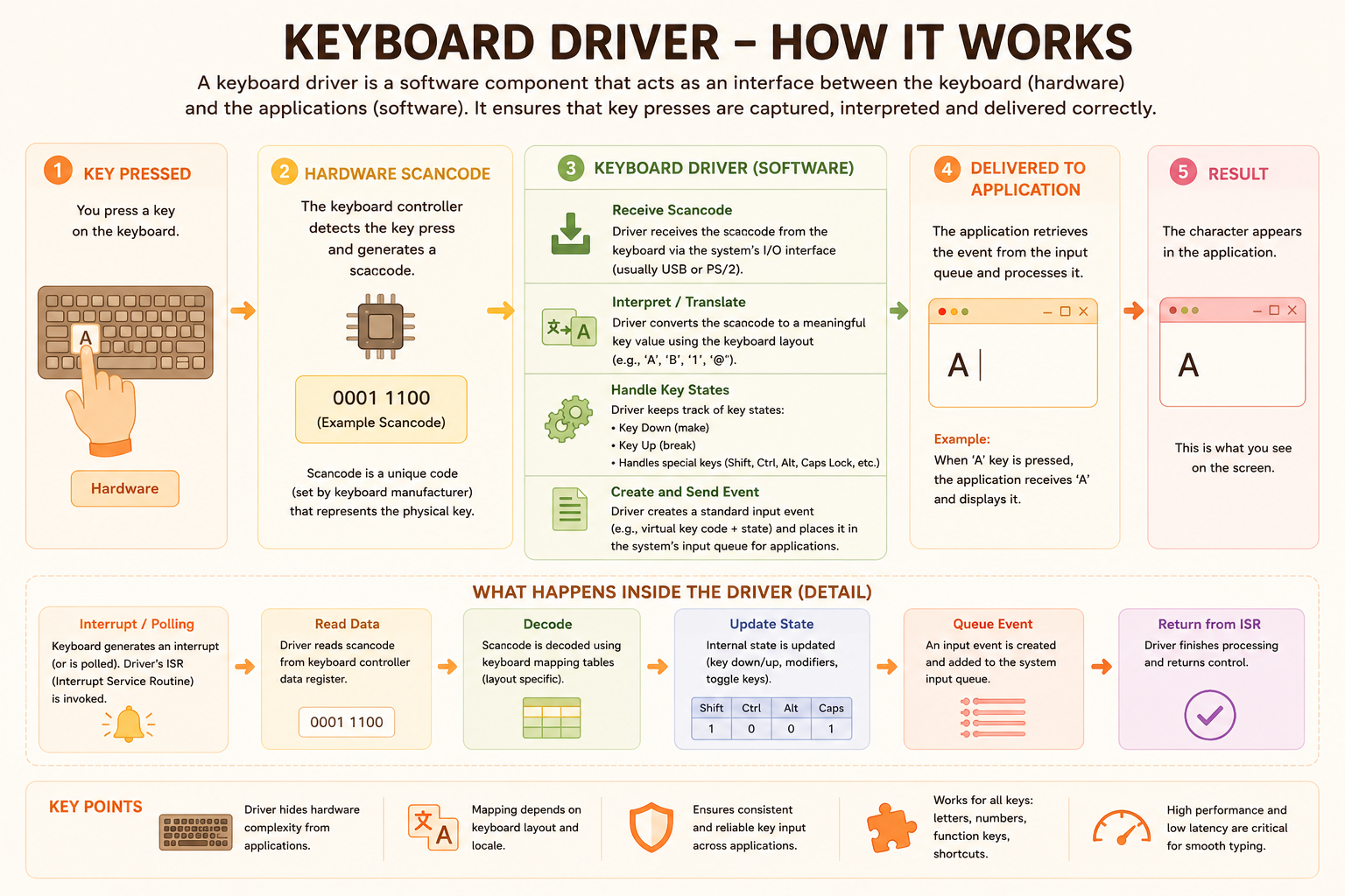 How a keyboard driver works: from key press and scancode to interpreted character on screen