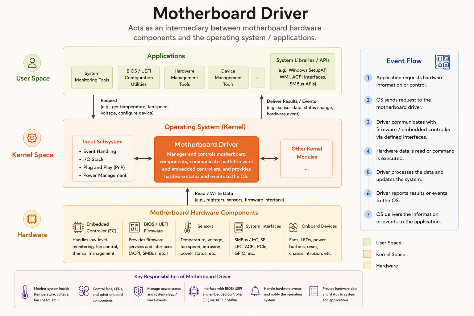 Motherboard driver architecture across user space, kernel space and hardware