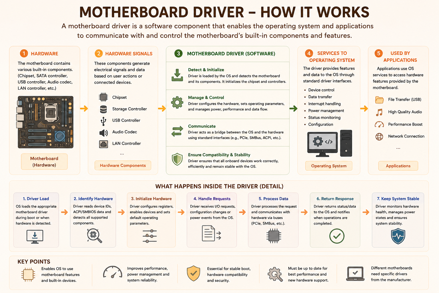 Motherboard driver — how it works, from hardware signals to applications