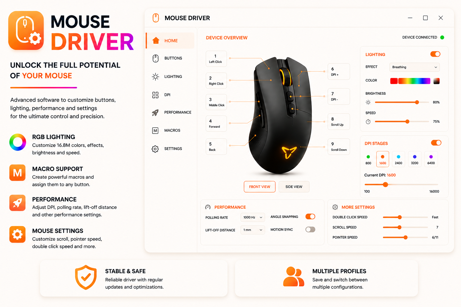 Mouse driver software to unlock the full potential of your mouse with RGB lighting, macros, performance tuning and device overview