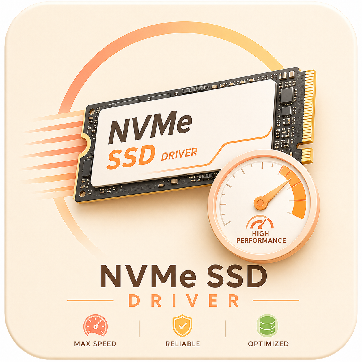 NVMe SSD driver badge — max speed, reliable and optimized