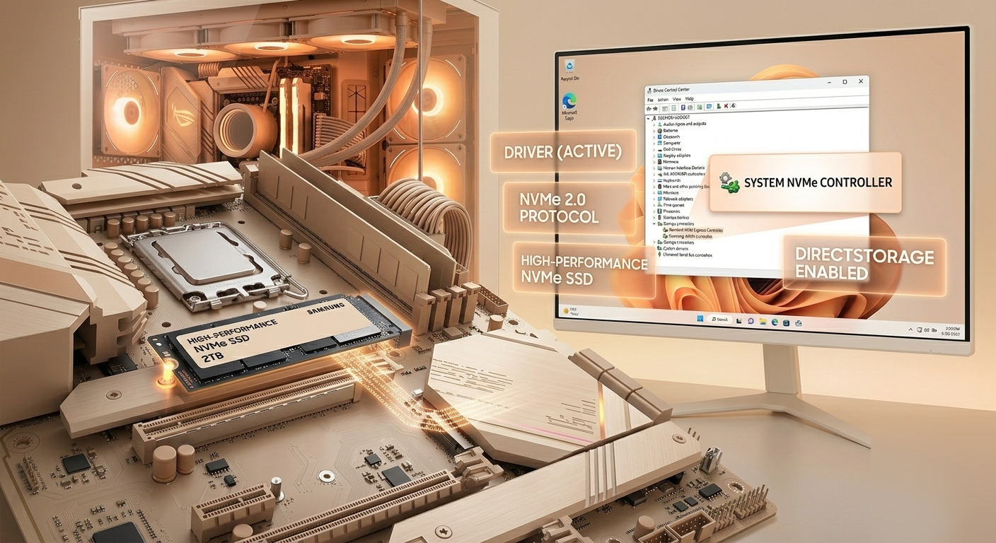 High-performance NVMe SSD installed in a PC build with the driver active