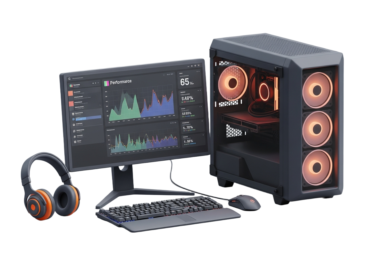 A modern PC setup with up-to-date drivers — monitor dashboard, RGB tower, keyboard and headphones