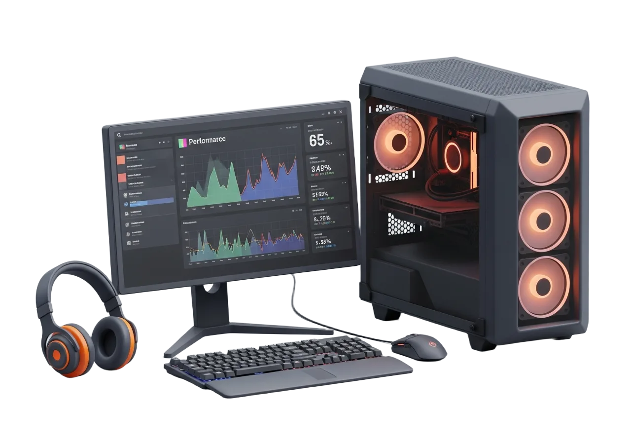 A modern PC setup with up-to-date hardware — monitor dashboard, RGB tower, keyboard and headphones