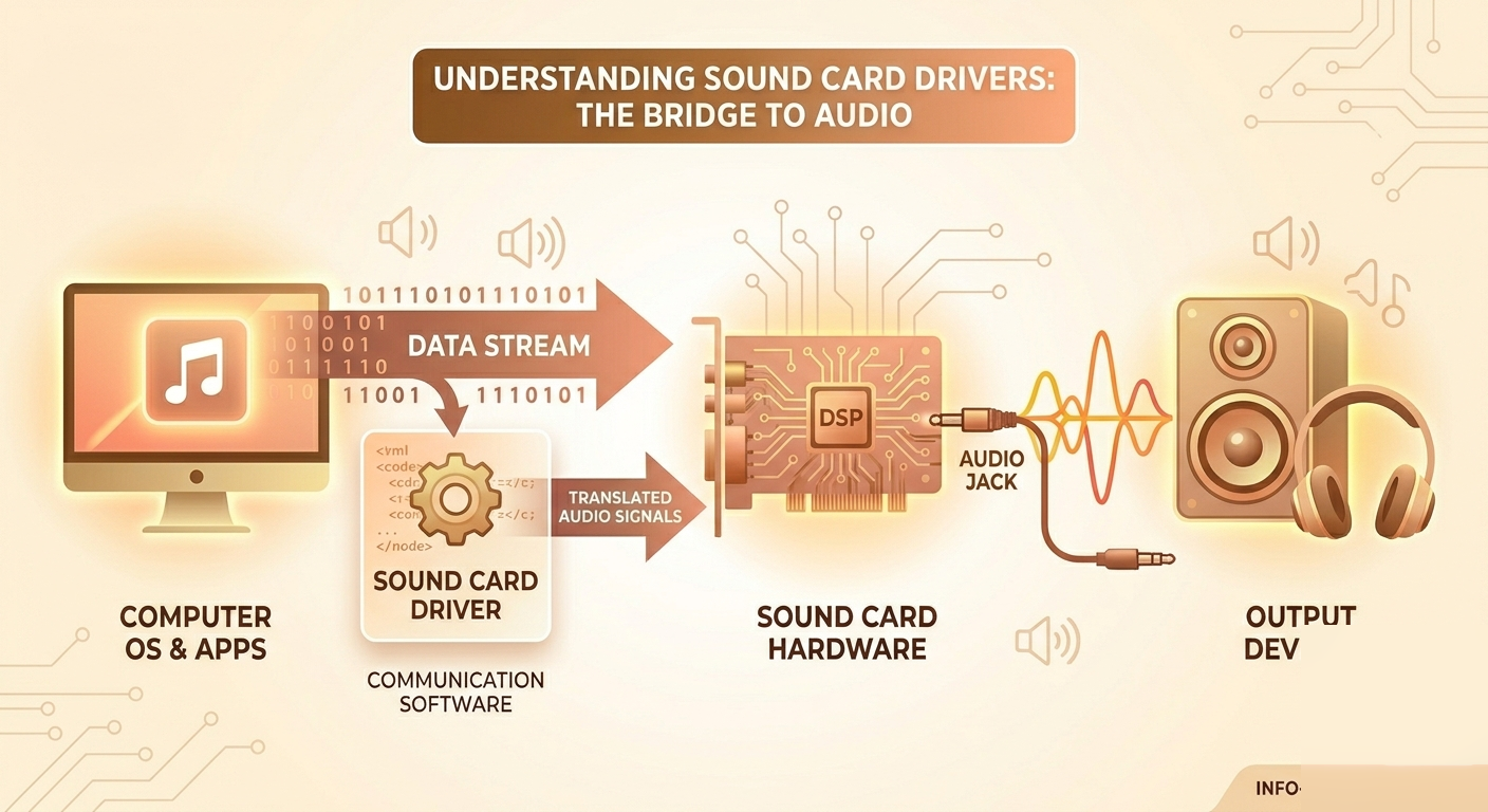 Sound card driver acting as the bridge from computer apps to sound card hardware and output devices