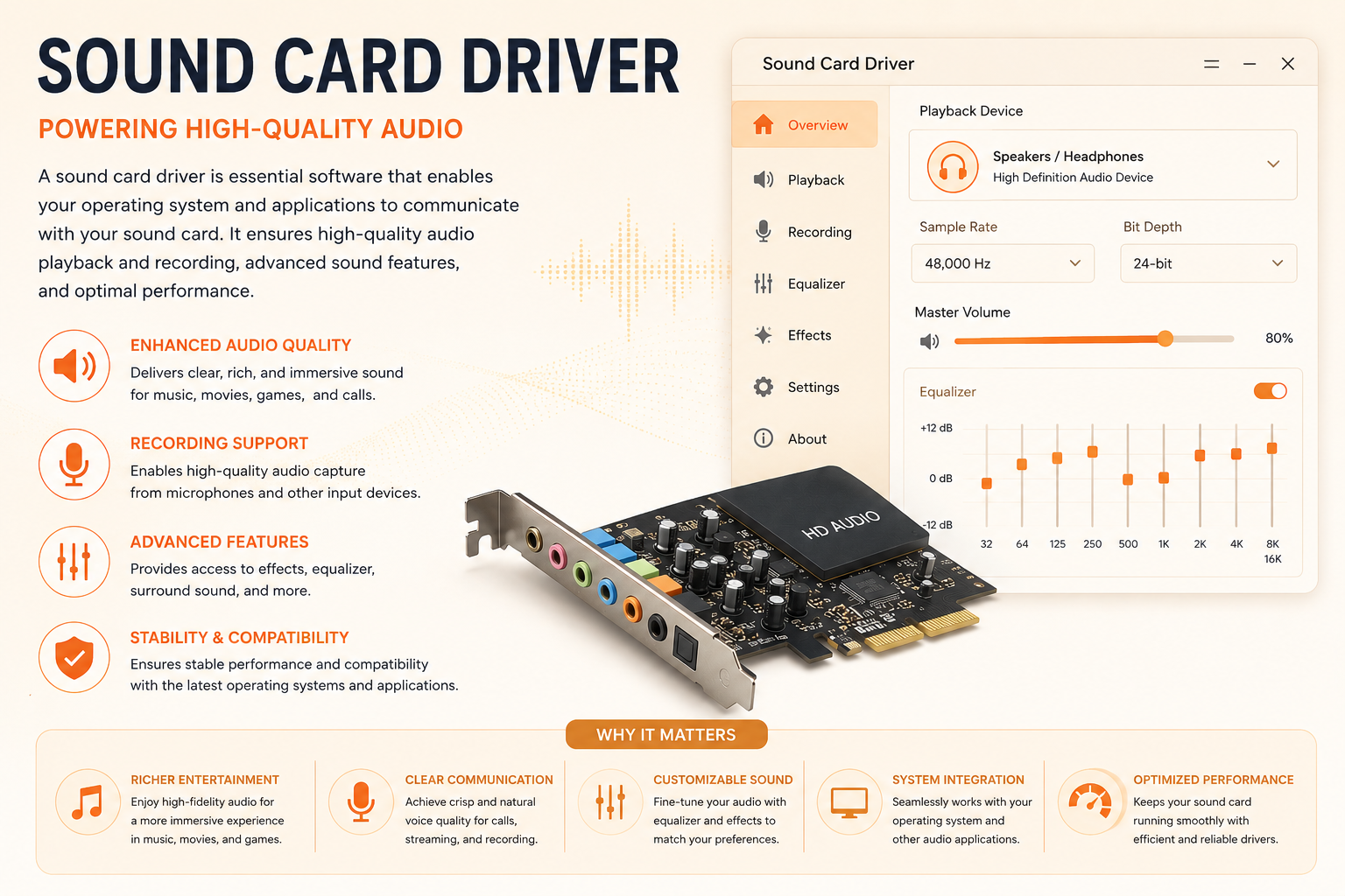 Sound Card driver control panel with playback device, sample rate, bit depth and equalizer