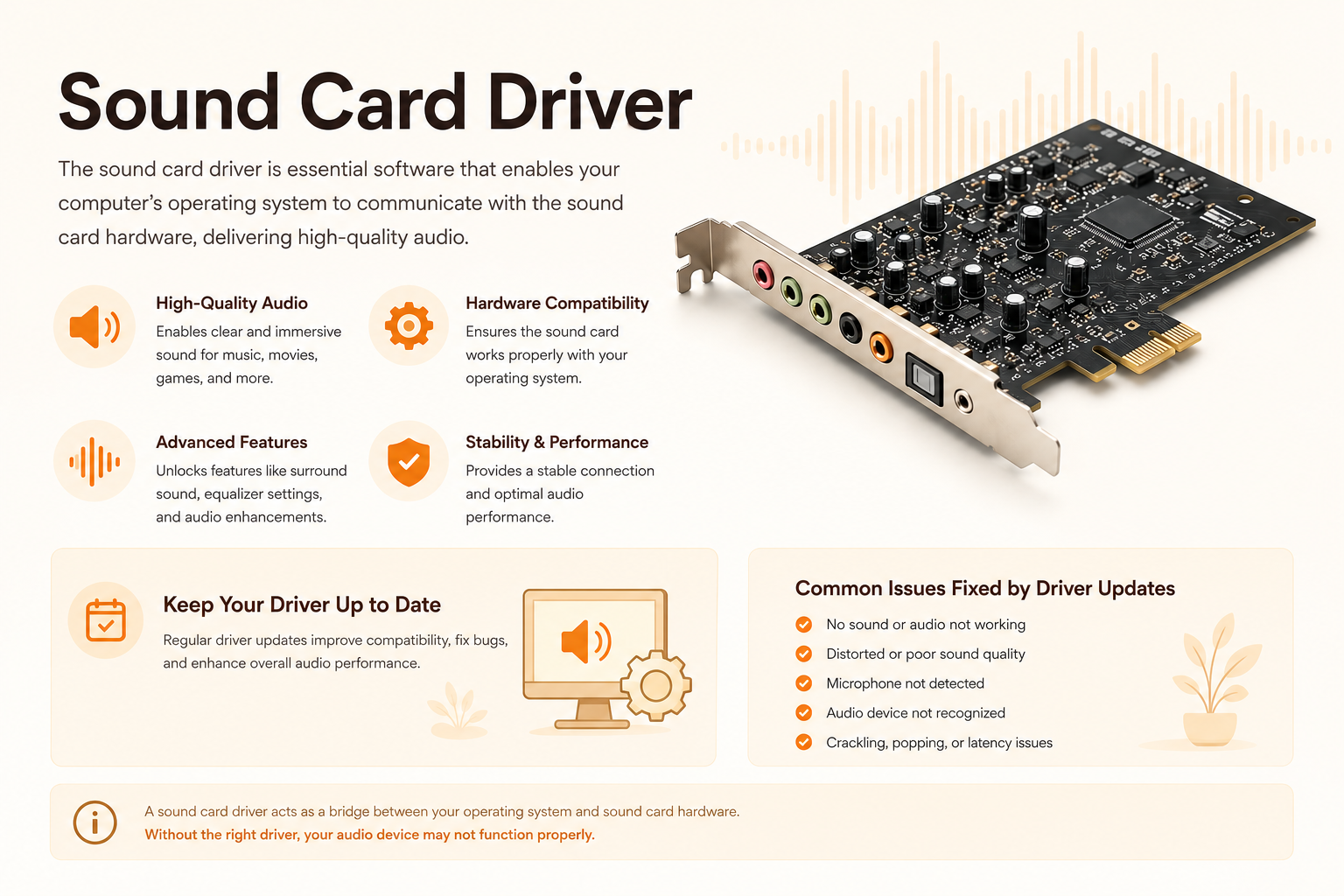 Sound Card driver key features: high-quality audio, hardware compatibility and stability
