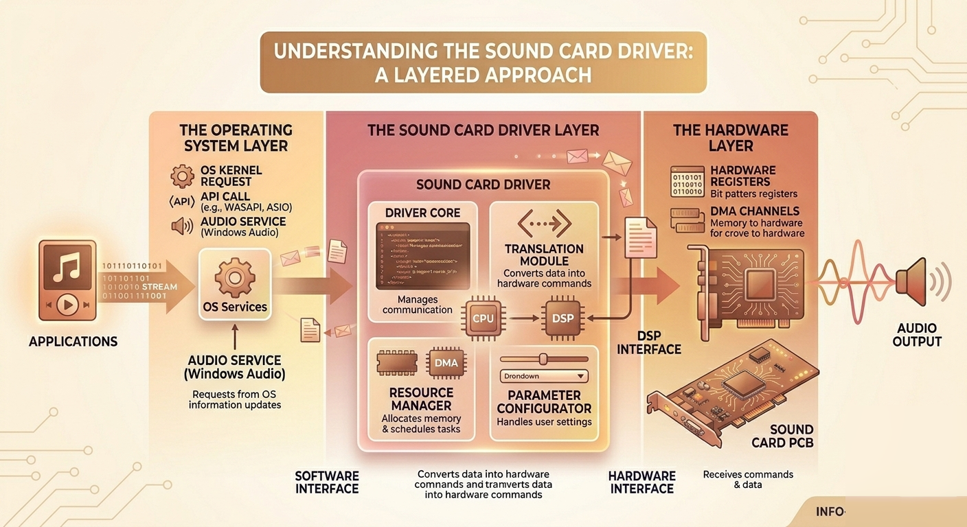 Layered view of the sound card driver across the OS, driver and hardware layers