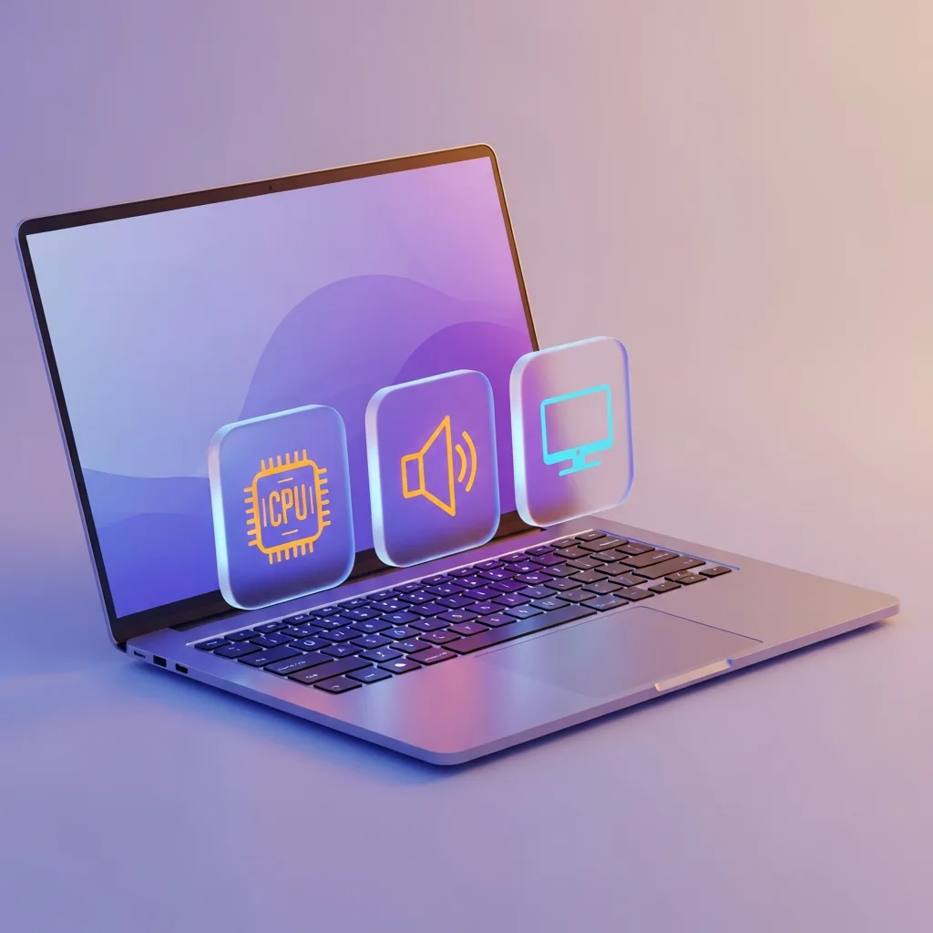 A 3D laptop with floating chipset, audio and graphics driver icons