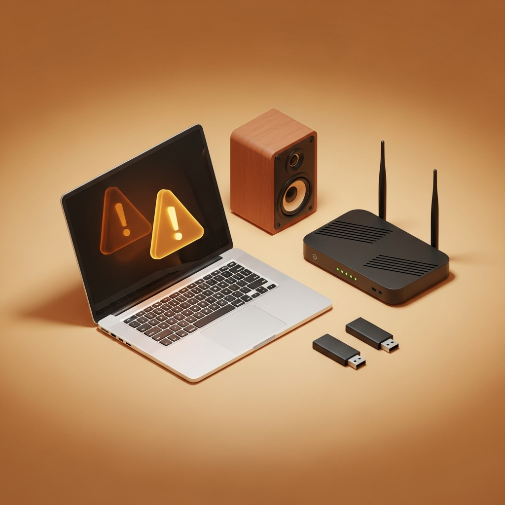 Common PC hardware that needs driver fixes — laptop, router, speaker and USB