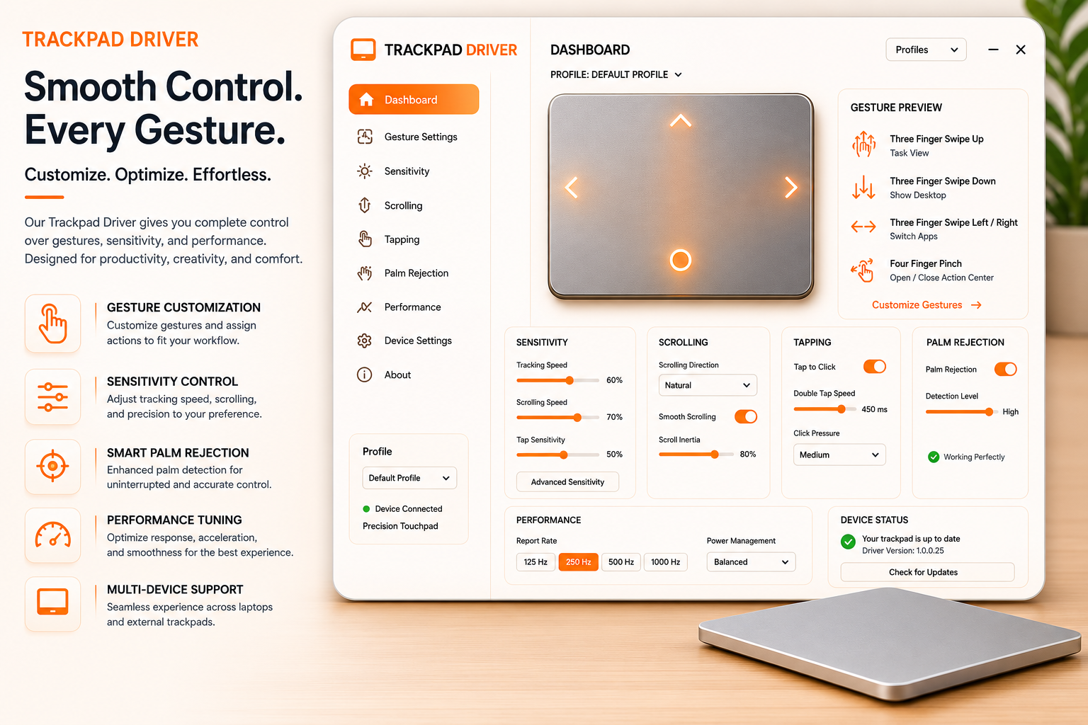 Touchpad driver dashboard showing sensitivity, scrolling, tapping, palm rejection and gesture previews