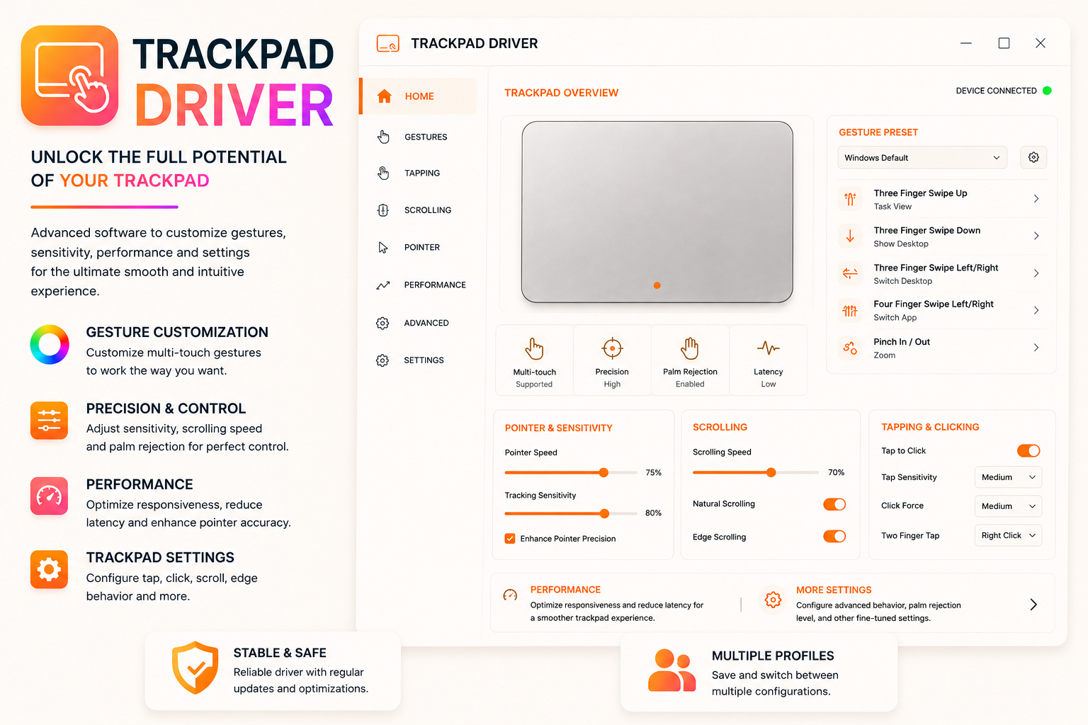 Touchpad driver software to unlock the full potential of your trackpad with gesture customisation, sensitivity and performance settings