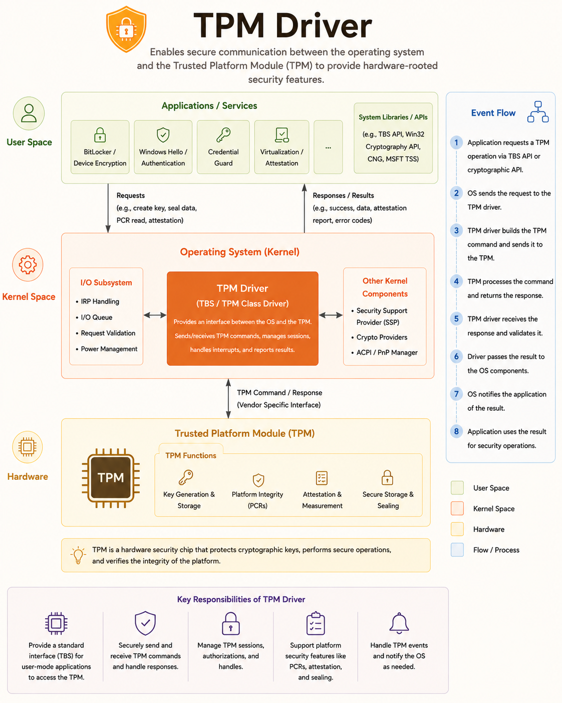TPM driver architecture across user space, kernel space and the Trusted Platform Module hardware