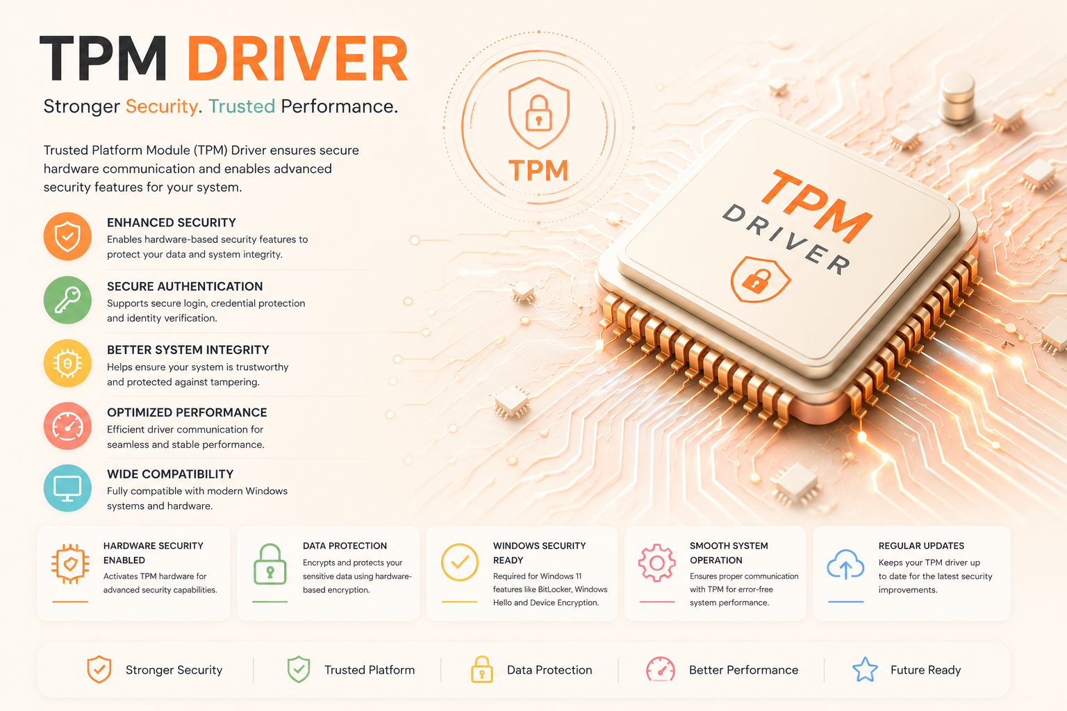 TPM driver delivering enhanced security, secure authentication and system integrity
