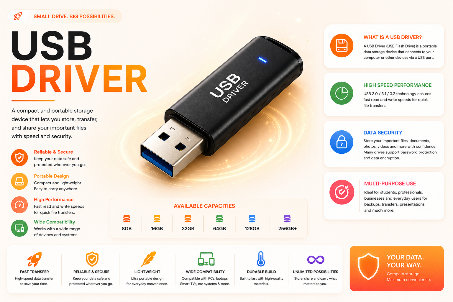USB driver infographic: what a USB driver is, high-speed performance, data security, multi-purpose use and available capacities