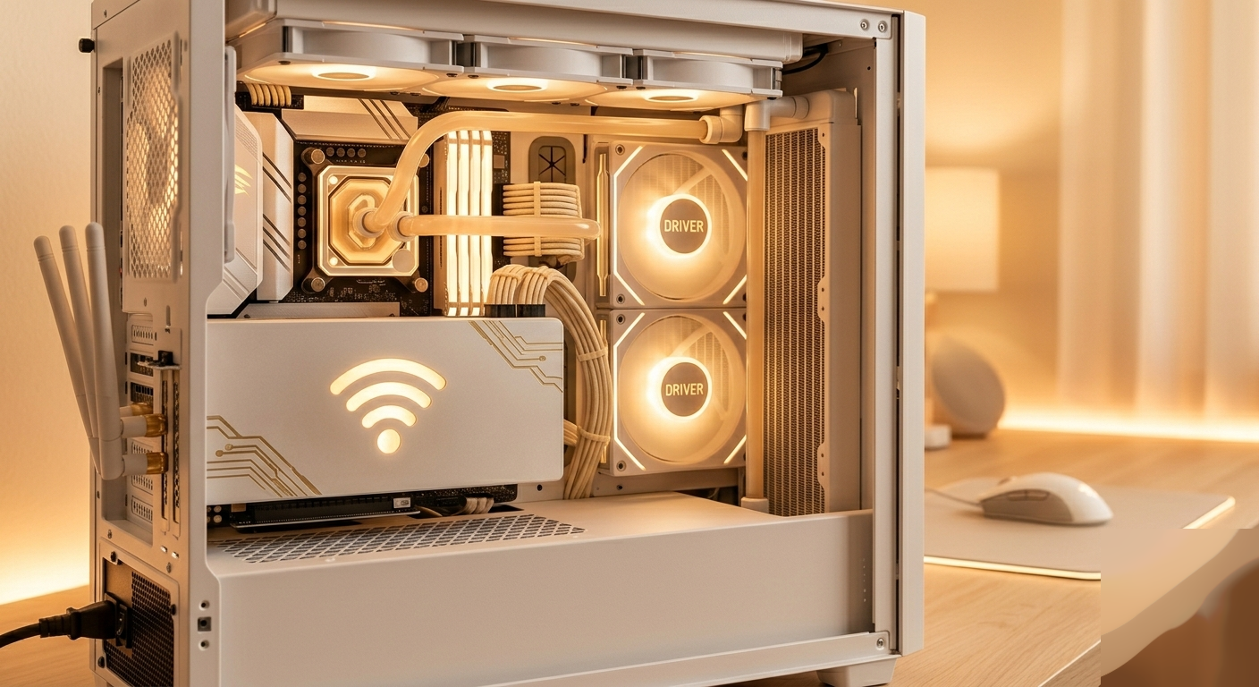 Wi-Fi adapter installed inside a PC build with active driver components